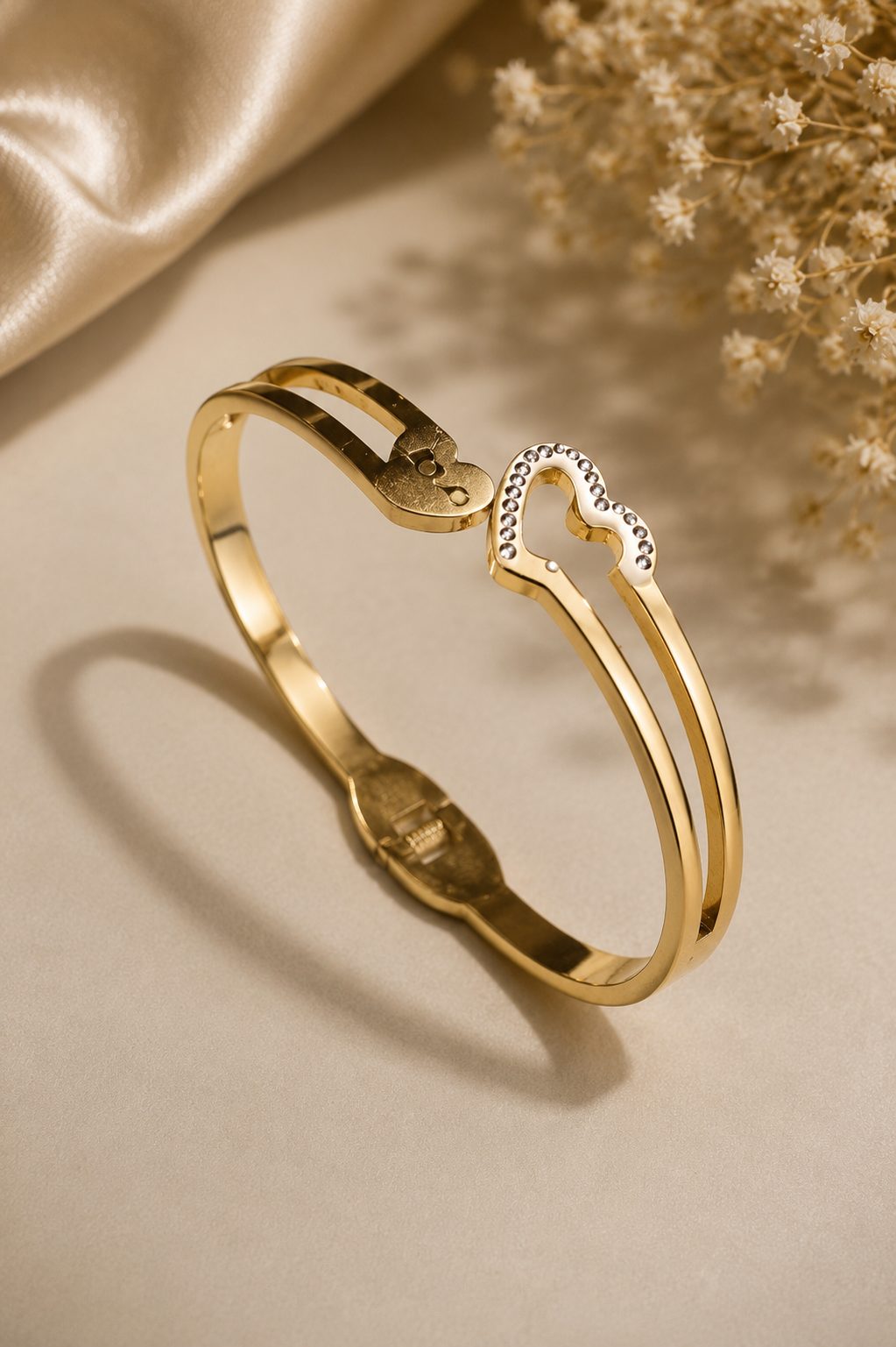 Gold-plated bangle bracelet features a dual-heart design with one heart inlaid with crystals and the word "Love" inscribed on the other
