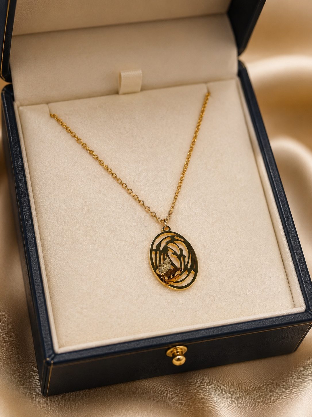 necklace features a distinct cutout oval pendant with intricate geometric lines and a textured center element.