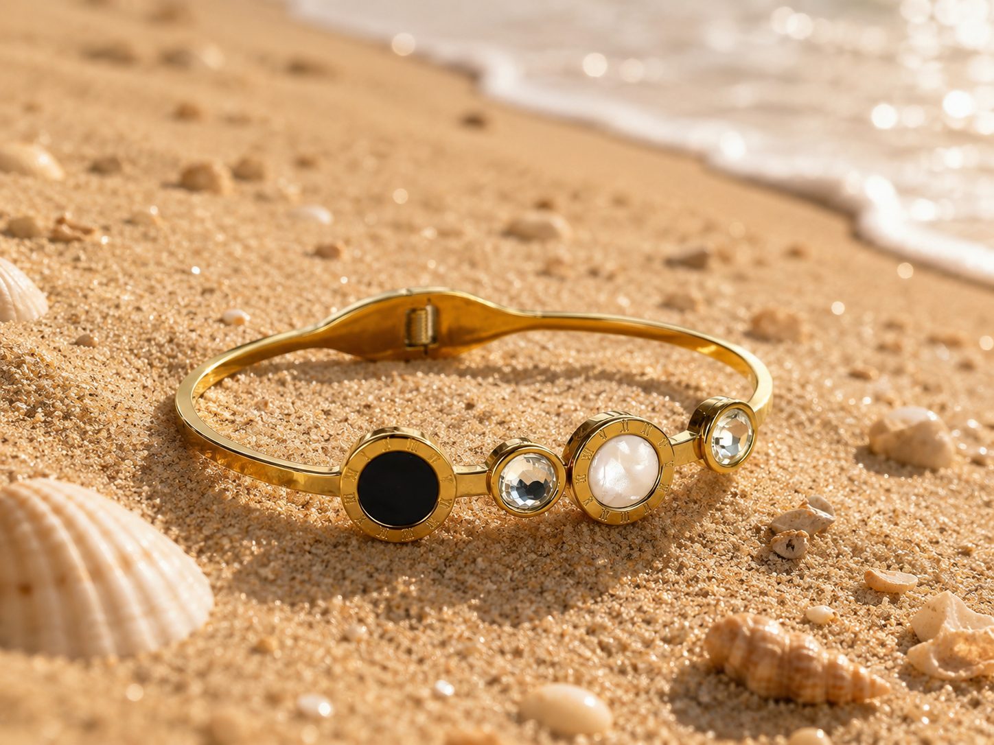 GOLD TONE ANTI TARNISH BRACELET FOR WOMEN - BLACK WHITE STONE CIRCLES