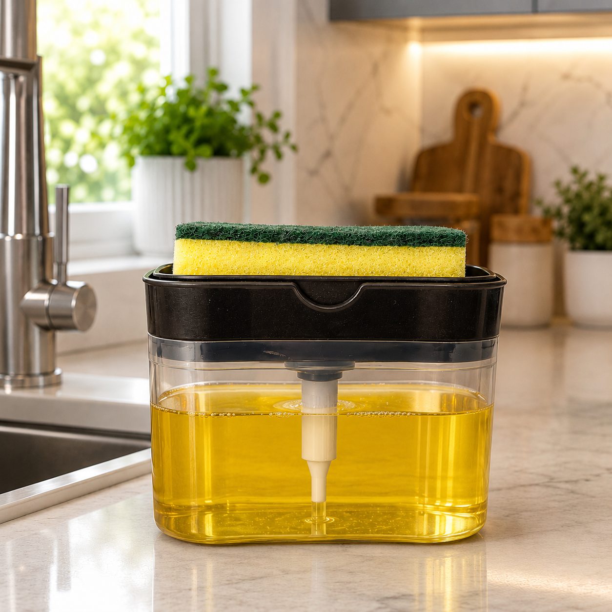 Soap Dispenser/Soap Pump Dispenser and Sponge Holder with 1 Cleaning Sponges for Kitchen