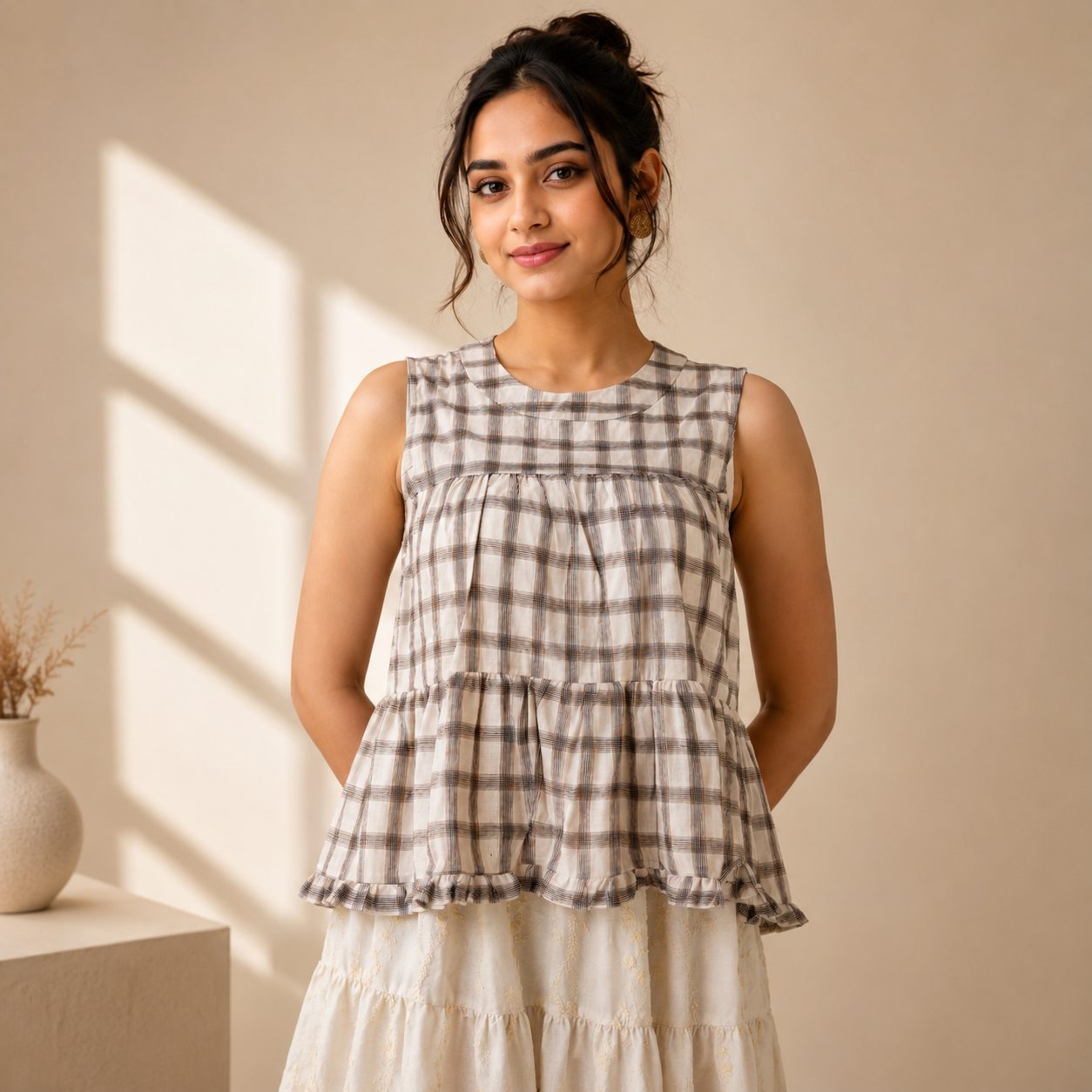 Check Sleeveless Tiered Top