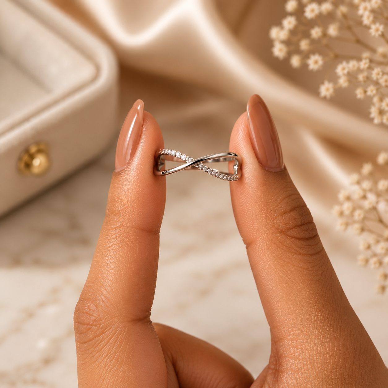 Elegant Infinity Crossover Adjustable Ring for Women | Silver-Plated Crystal Studded Open Ring | Minimalist Fashion Jewelry for Daily Wear & Gifting