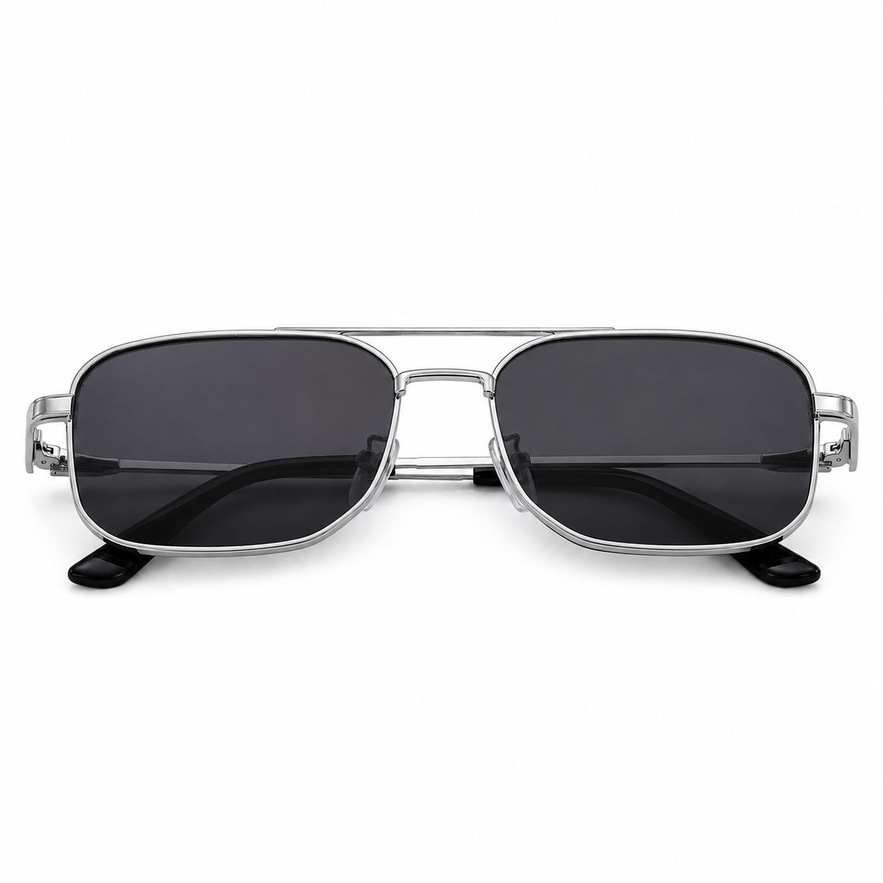 sunglasse feature a black metal frame and polarized, UV-protected rectangular lenses