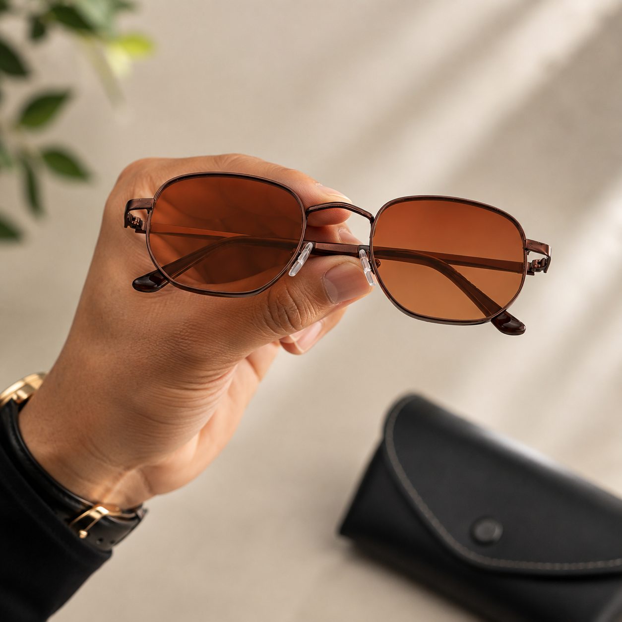 Brown Lens & Gunmetal-Toned Rectangle Sunglasses