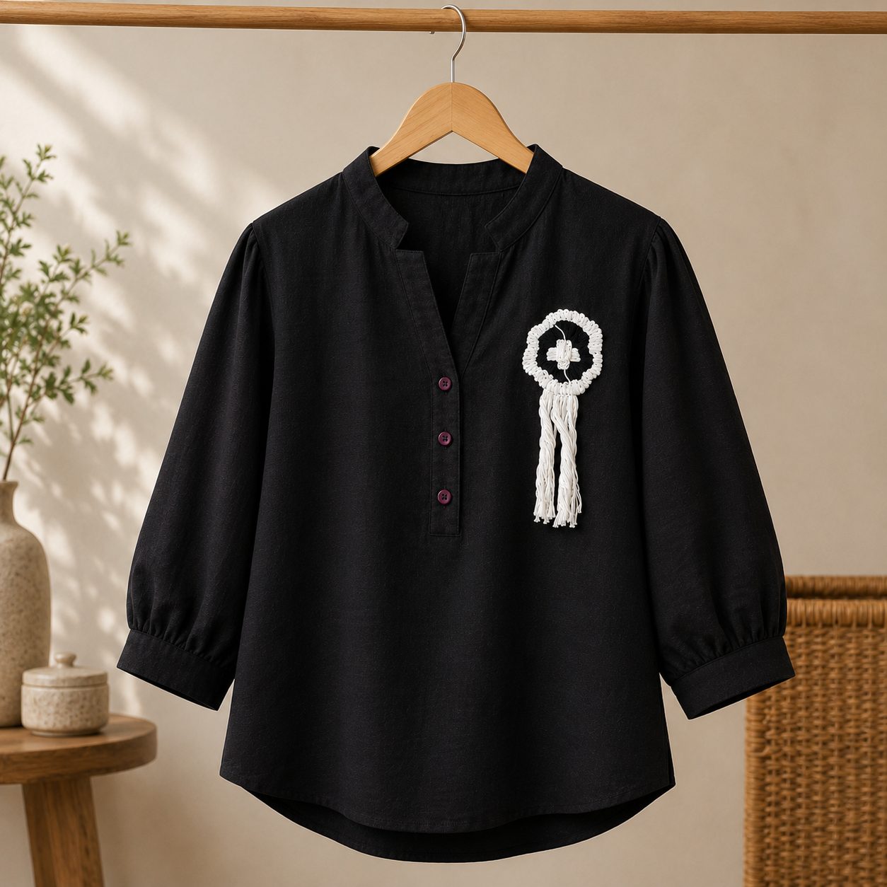 Women's Top with Floral Crochet,3/4 Sleeves, Button Placket, Pintuck Detail, Casual Wear