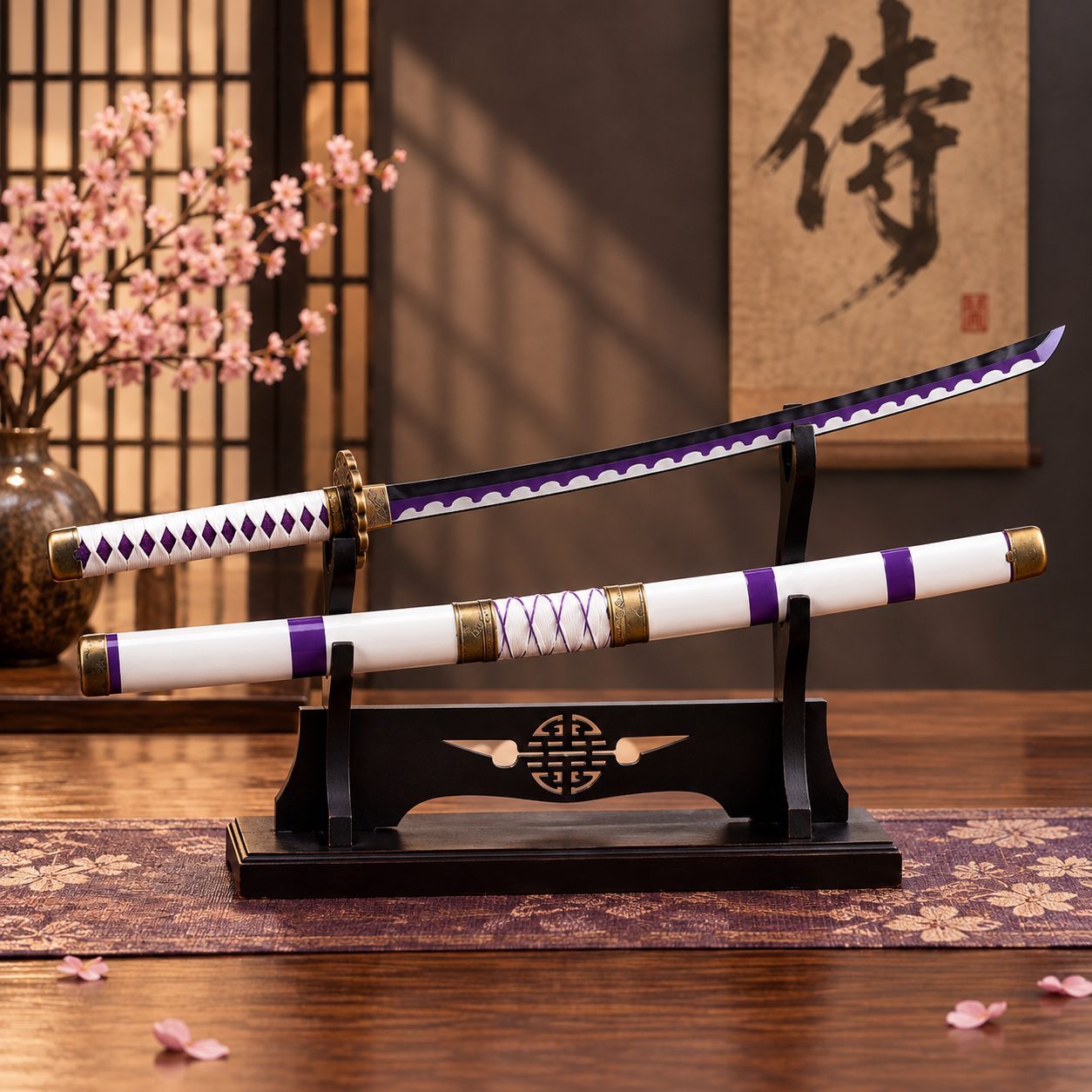 Nidai Kitetsu Wooden Katana, Anime Accessory, Lightweight Display Sword for Role Play and Gifting, Purple and White, 104 cm
