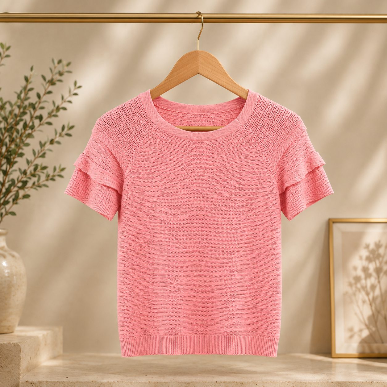 Petal-Sleeve Fine Knit Short Sleeve Top