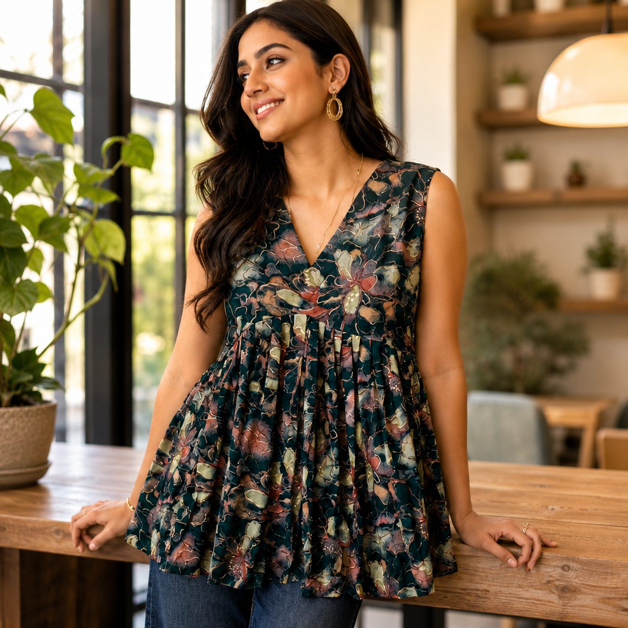 Dark floral-print sleeveless V-neck peplum top with pleated