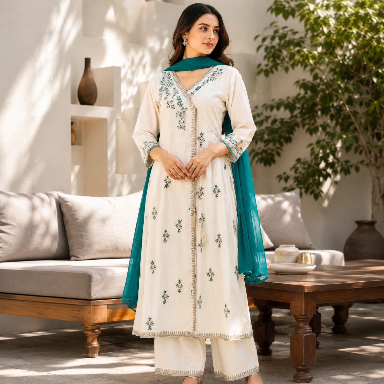 Women's Off-White Embroidered Kurta Set with Teal Dupatta | Elegant Ethnic Wear for Festive & Casual Occasions