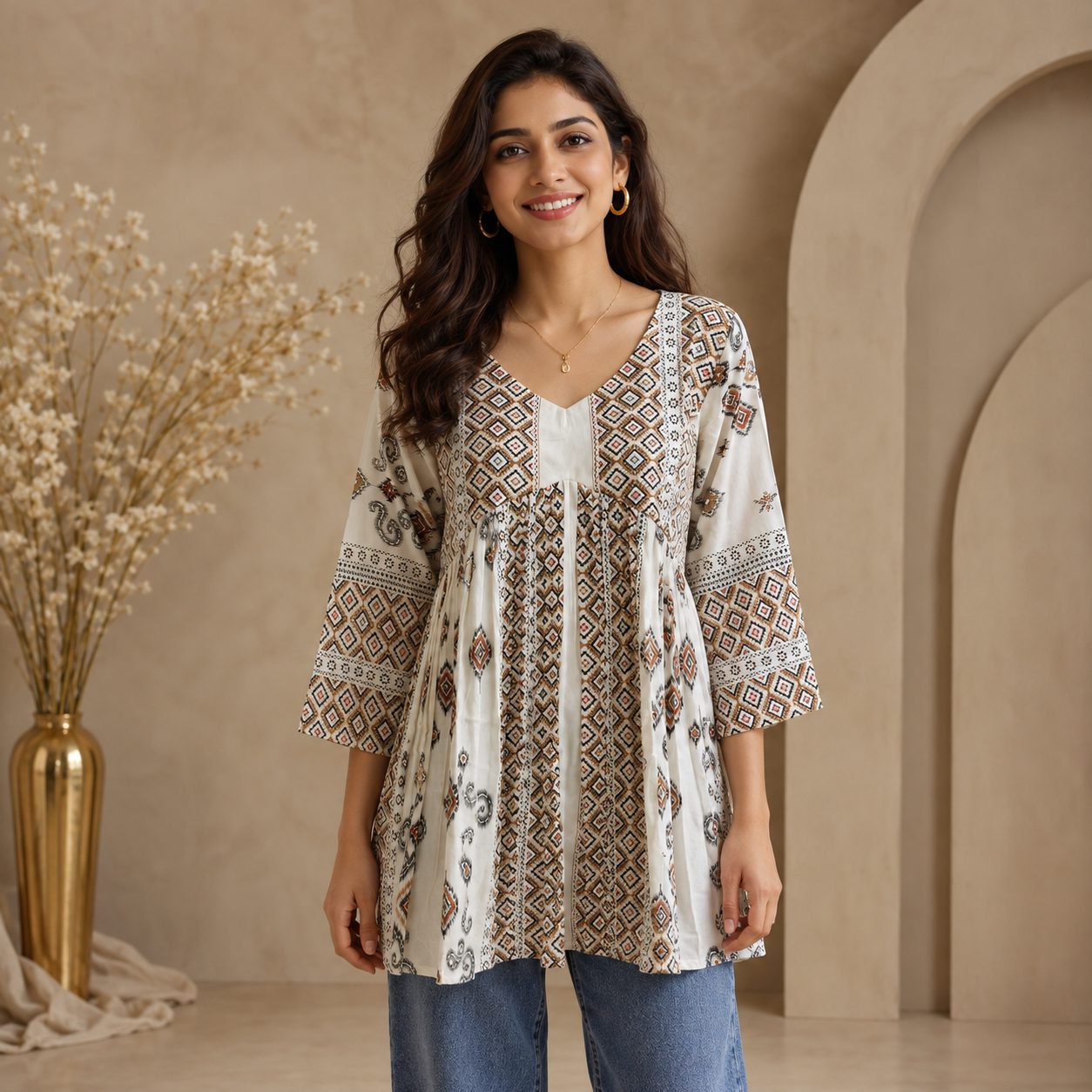 Off-white ethnic printed cotton peplum top