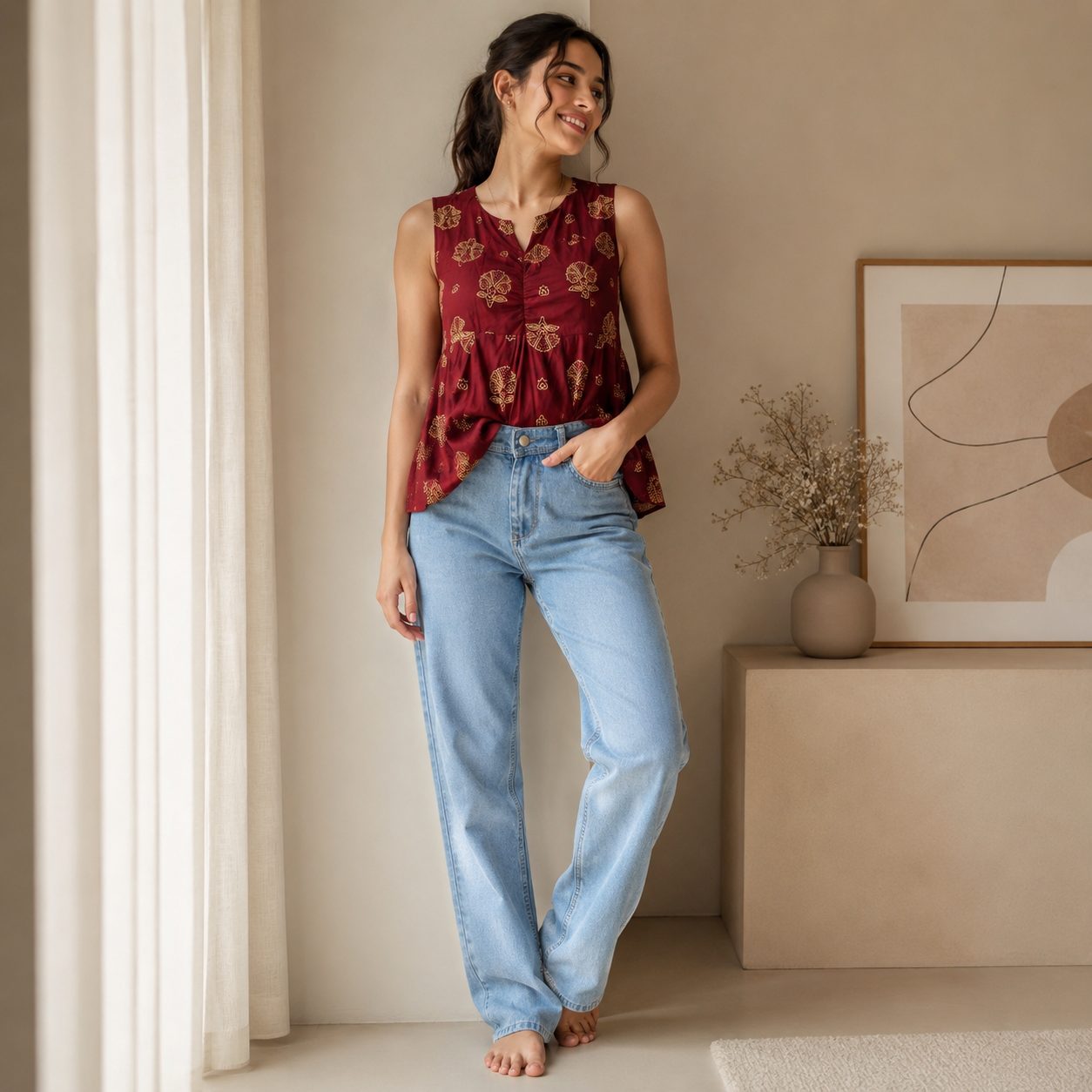 Wide-leg denim jeans feature a relaxed straight-fit