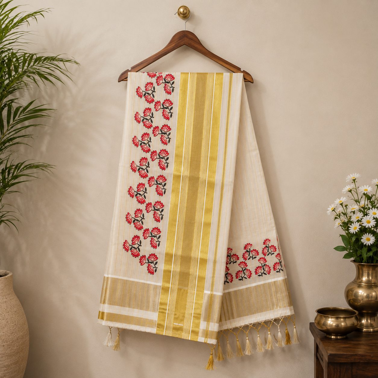 Kerala Kasavu tissue set saree featuring a rich golden zari border and bold blue floral block prints