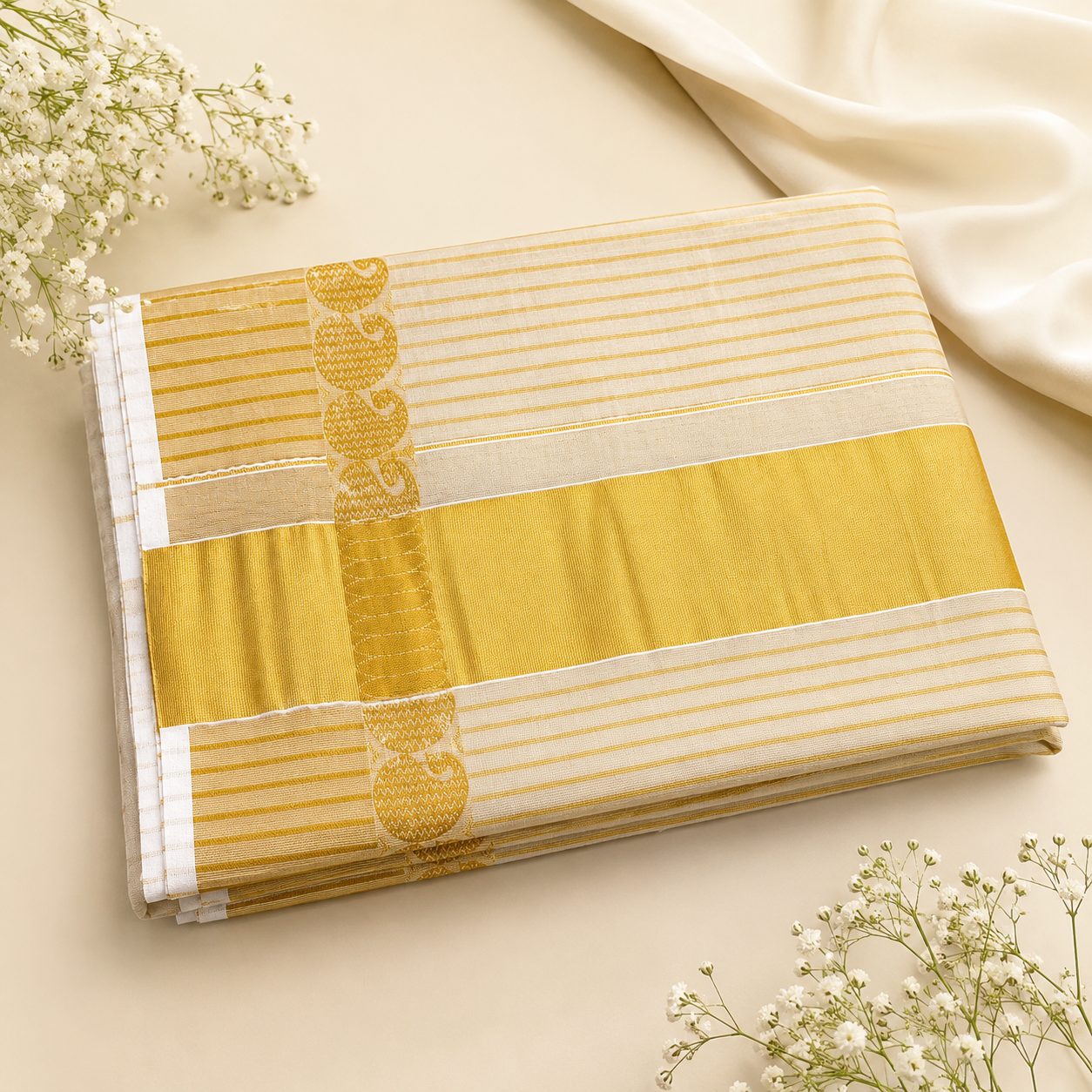Traditional Kerala Cotton Kasavu Saree with Broad Golden Zari Border and Mango Motif Pallu (Off-White)