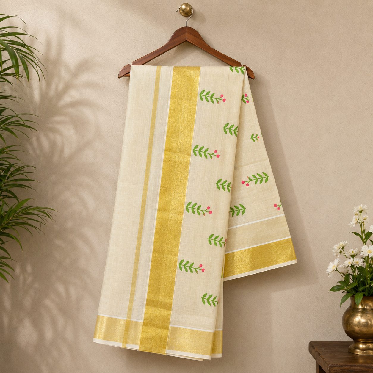 Classic Kerala Kasavu Cotton Saree with Contemporary Pink & Green Floral Embroidery