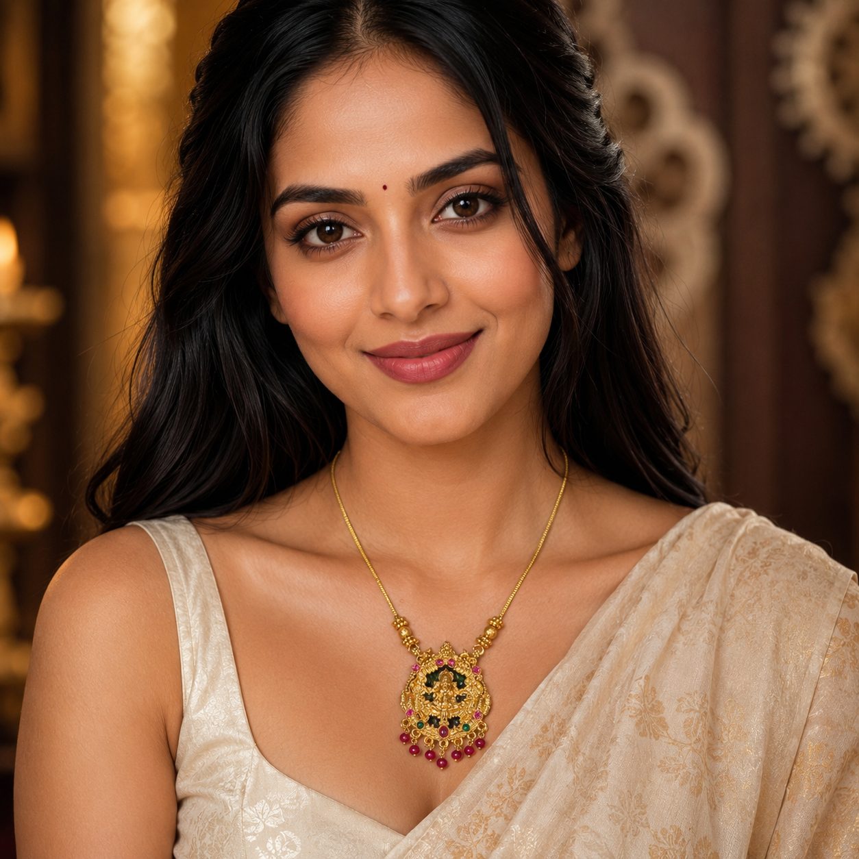 Traditional Gold-Plated Lakshmi Temple Pendant Necklace