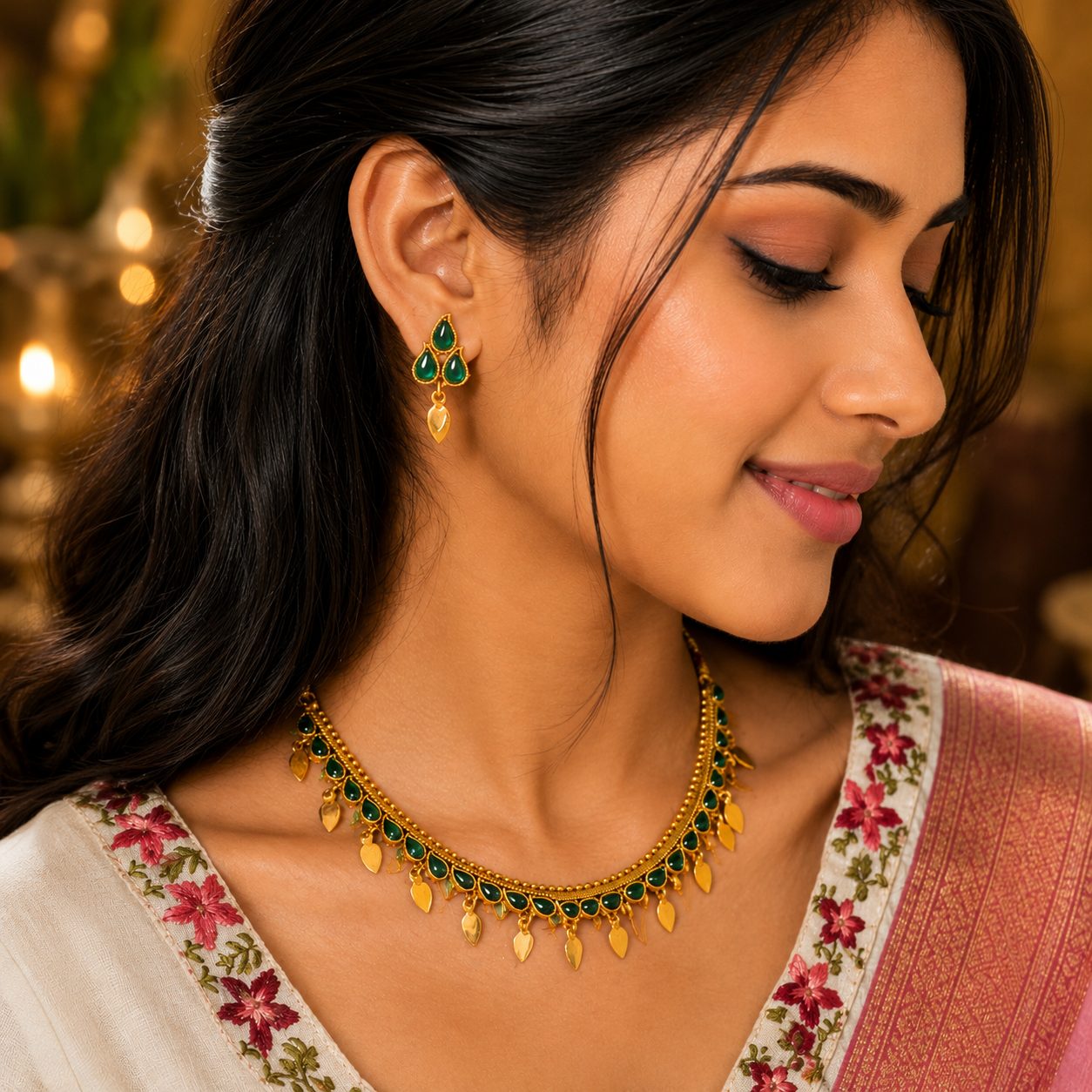 Green Palakka Choker Necklace Set with Earrings
