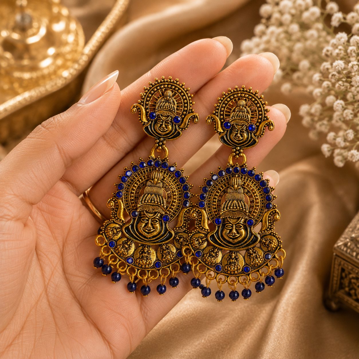 antique gold-finished temple earrings