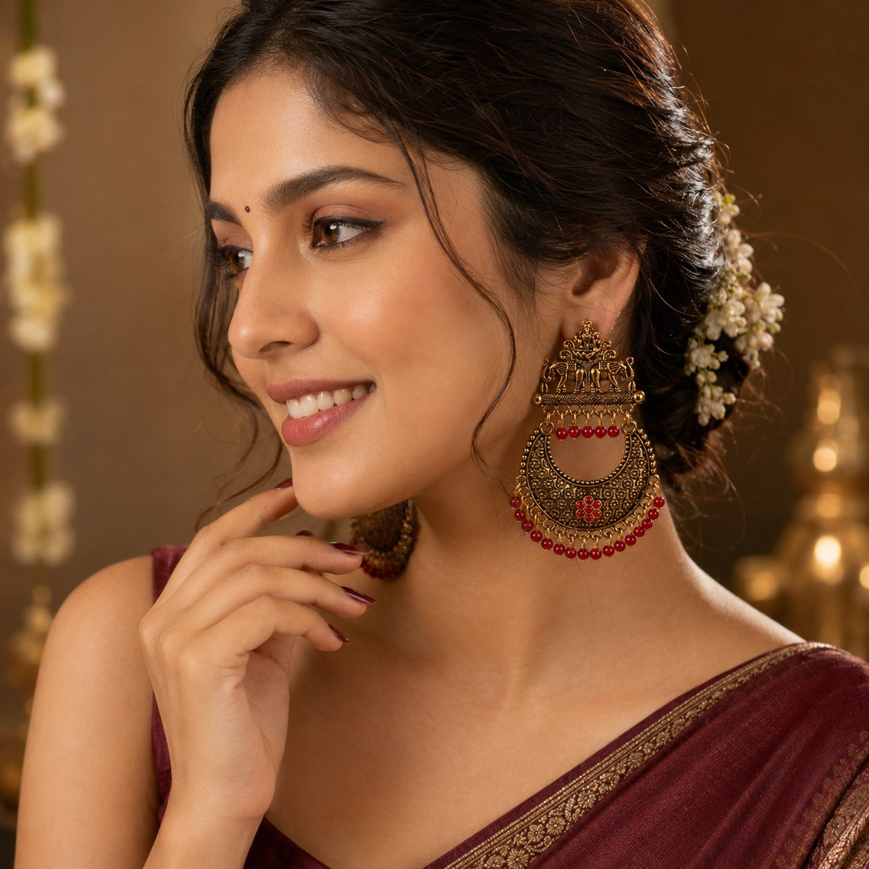 Antique Gold-Plated Gajalakshmi Chandbali Earrings with Ruby-Red Floral Accent and Bead Drops
