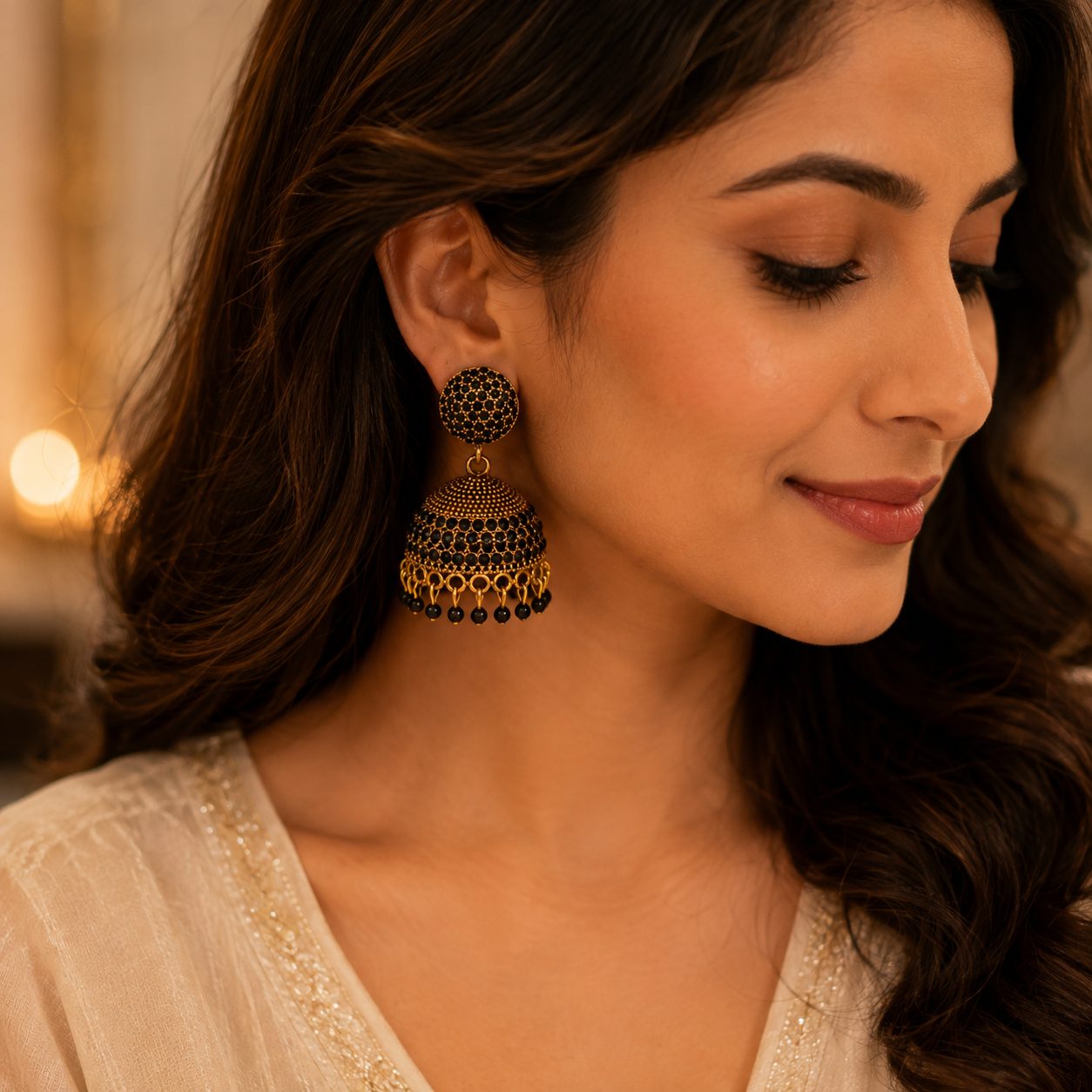 antique gold-plated jhumka earrings offers a striking combination of classic Indian symmetry and bold, monochromatic style
