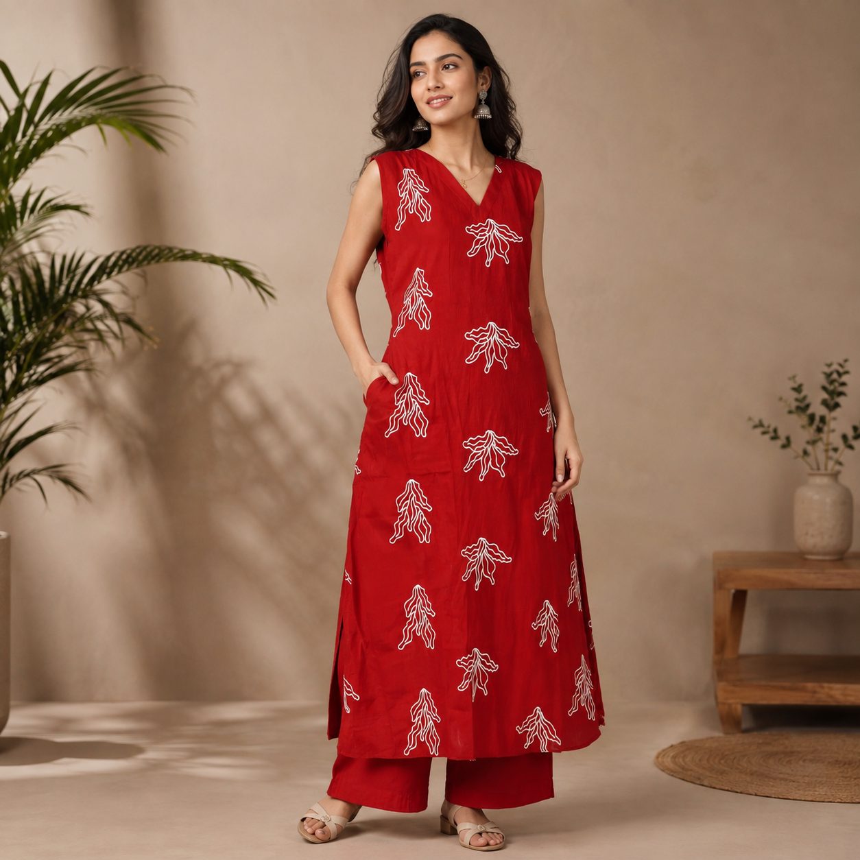 red sleeveless rayon straight kurta and palazzo set