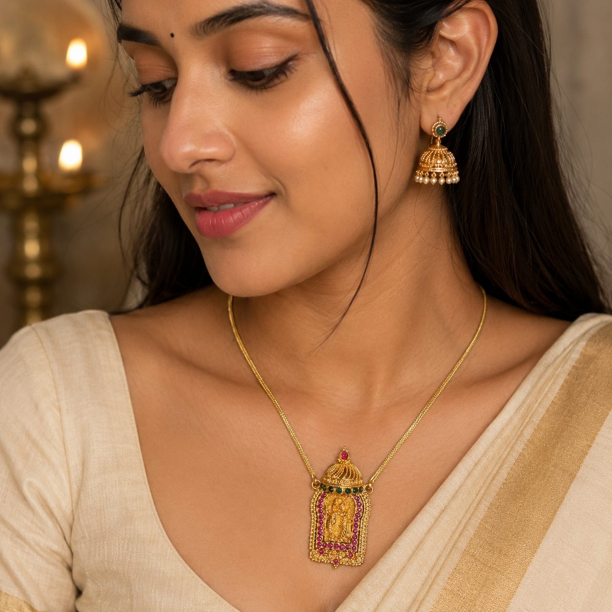 antique gold-toned temple pendant necklace