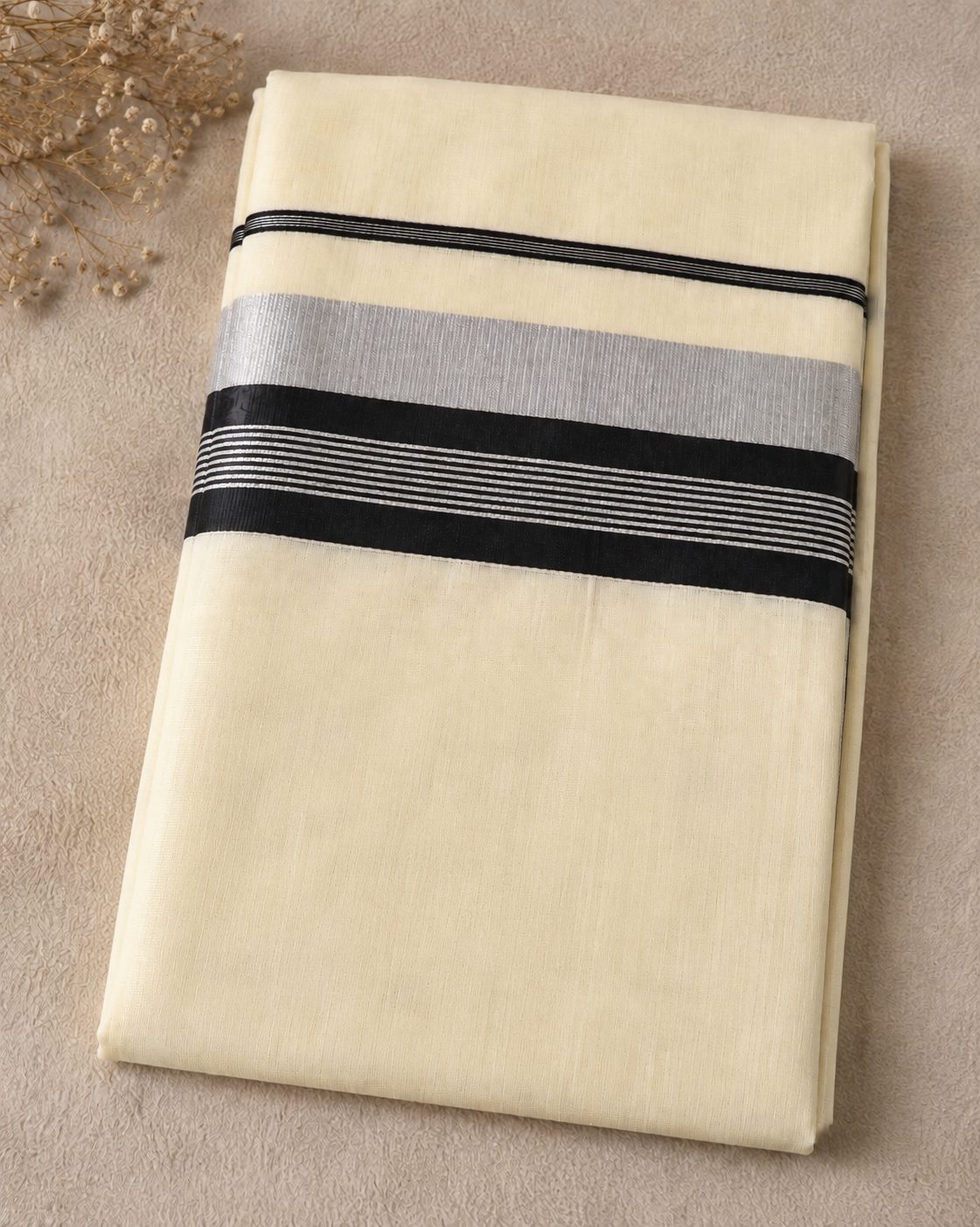 Elegant set Saree with Black & Silver Striped Border | Traditional Kerala Style Saree
