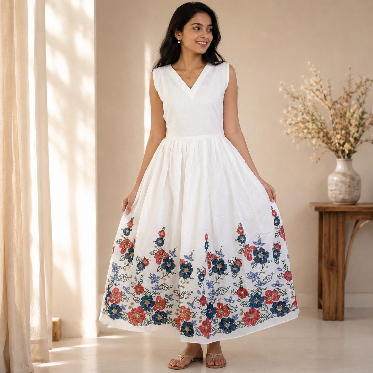 white sleeveless fit-and-flare midi dress detailed with a vibrant red and blue floral embroidered hemline.
