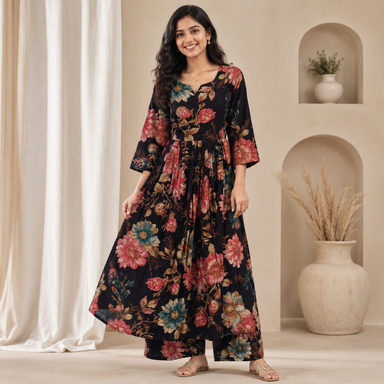 Black floral printed cotton fit-and-flare kurta and palazzo set