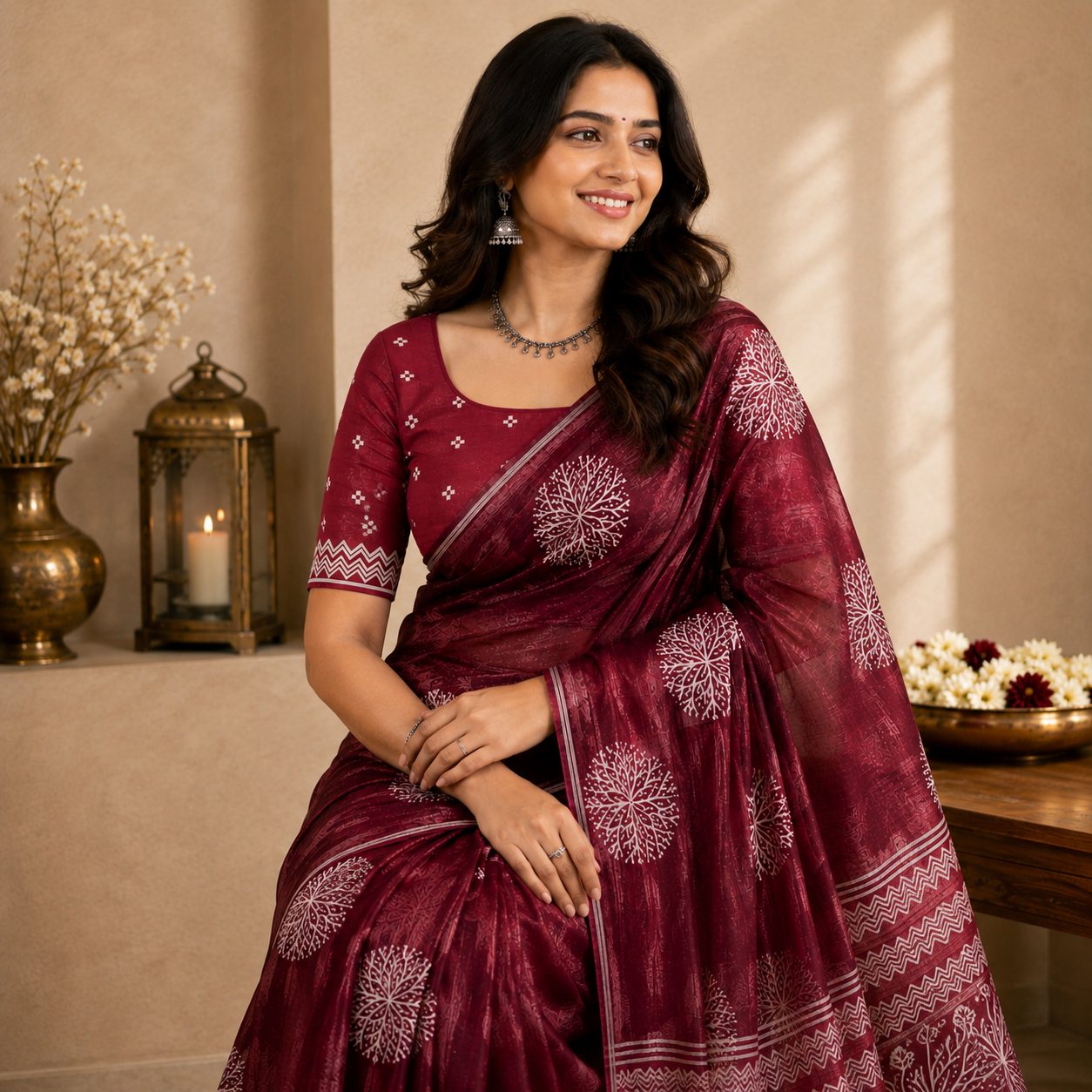 Maroon Handblock-Style Floral Motif Saree with Geometric Border