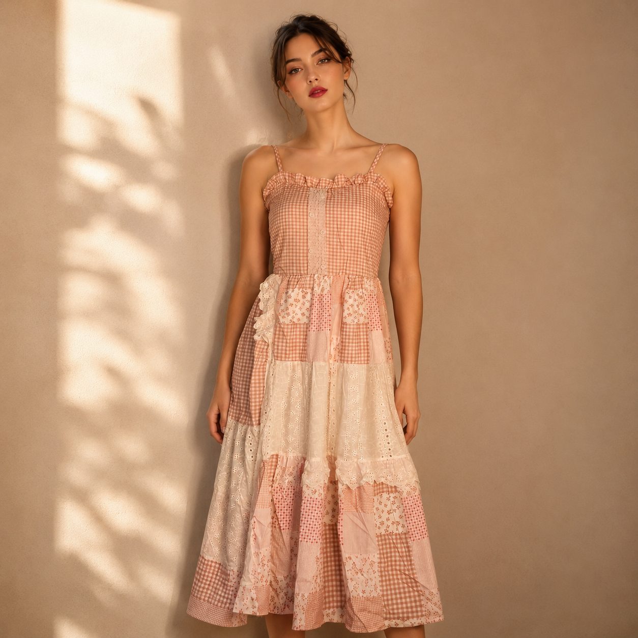 pink and white gingham and floral patchwork midi dress