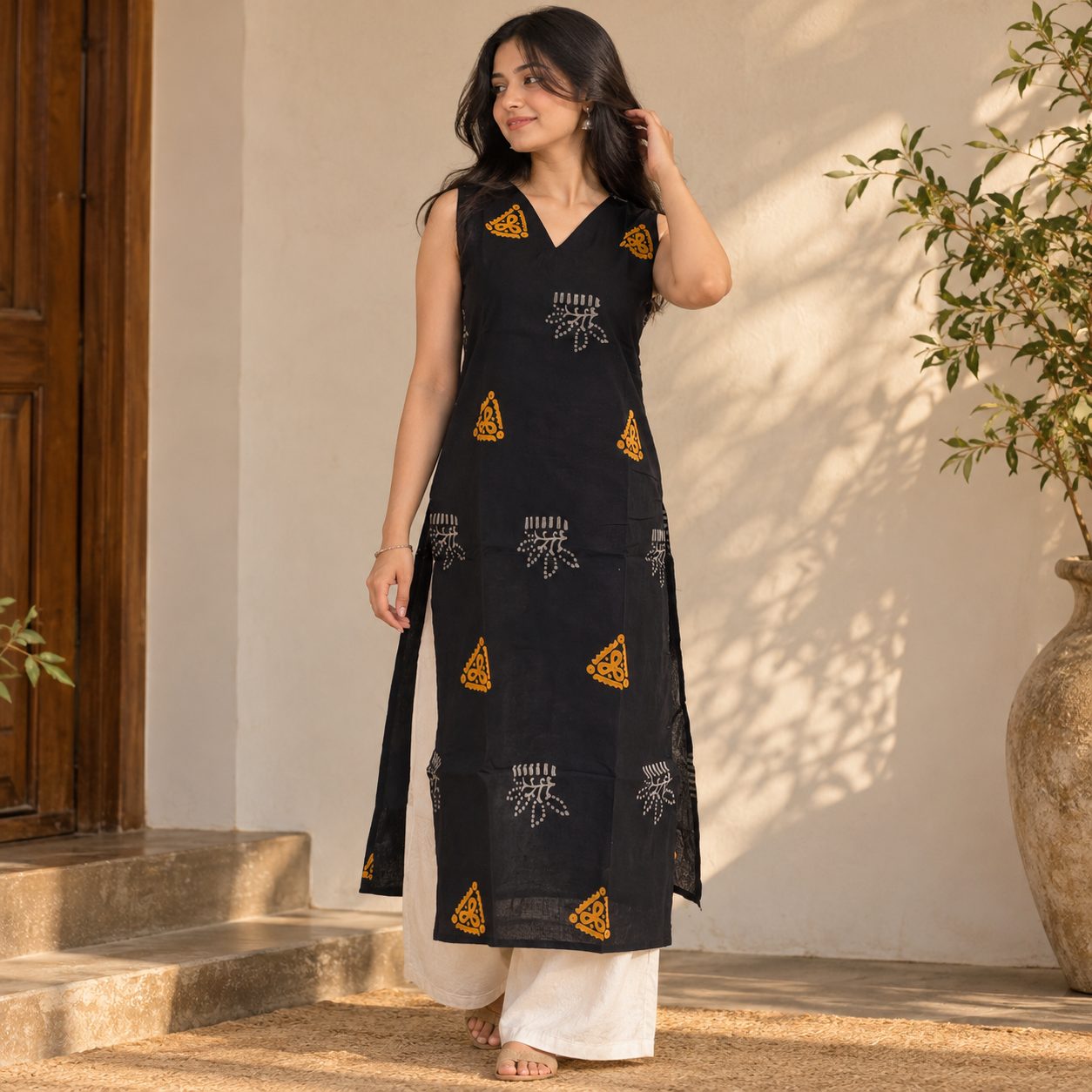 A-Line Sleeveless Ethnic Motifs Embroidered Semi Cotton Kurta