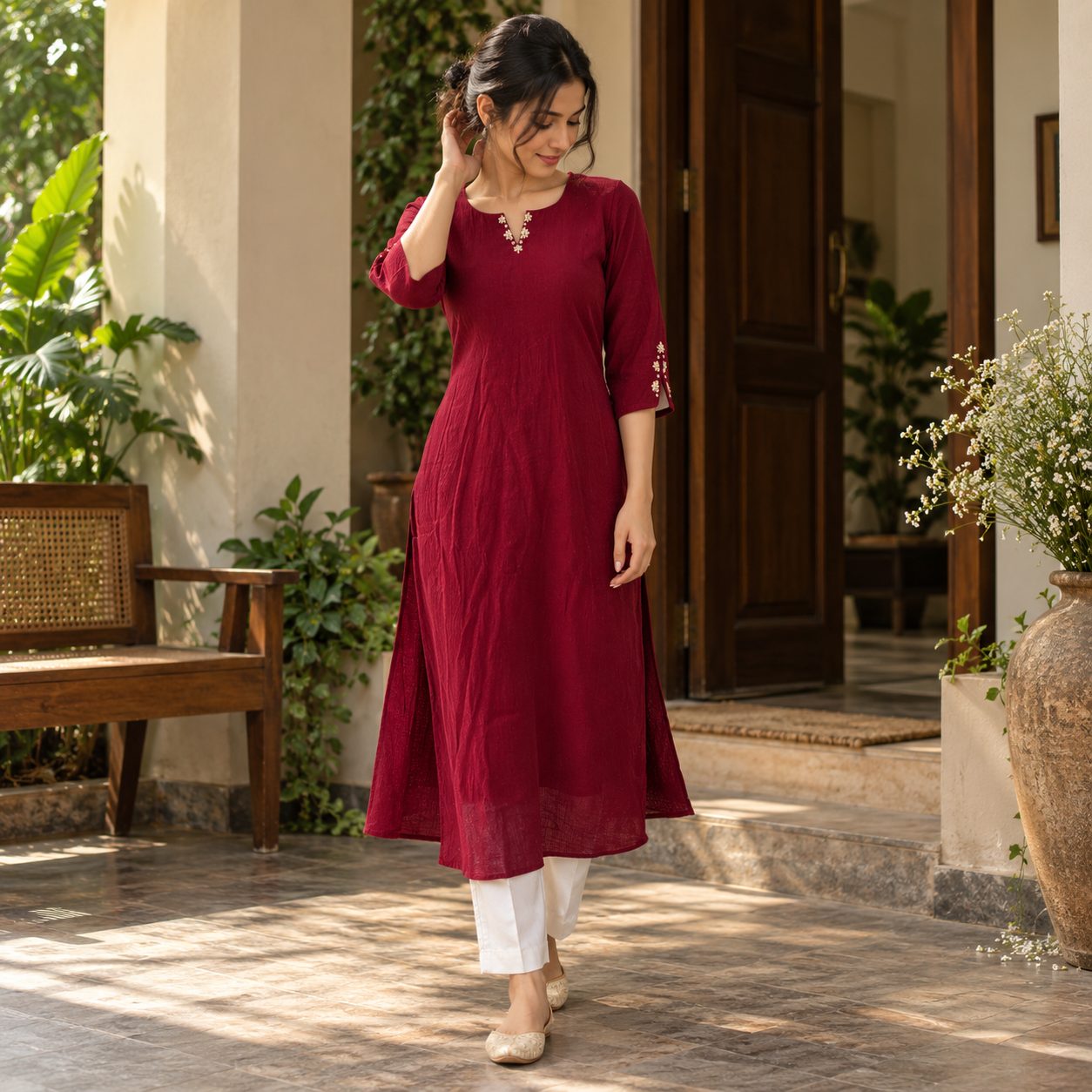 Ethnic Kurta Featuring a V-Shaped Slit Neckline