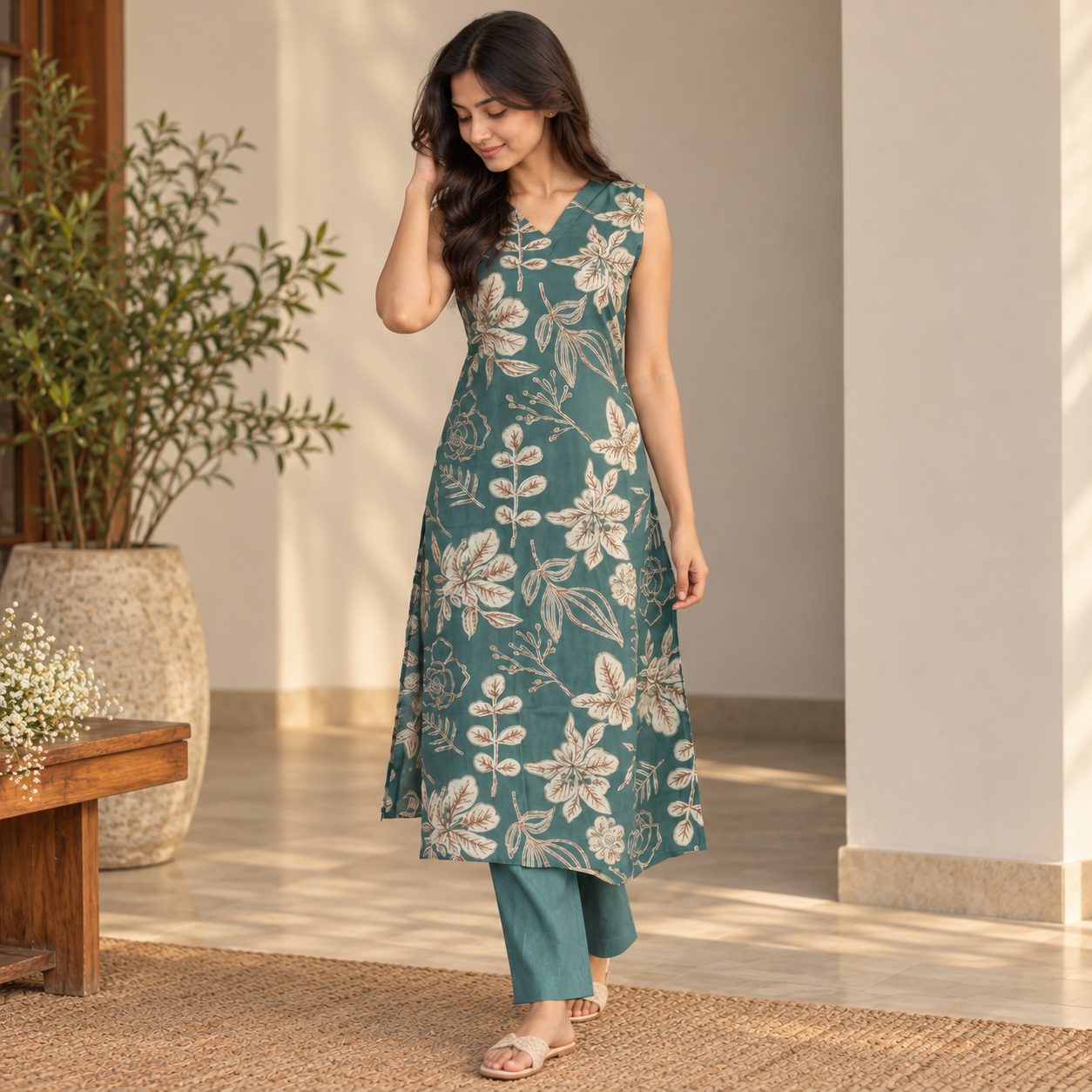 Printed V-Neck Flared Ethnic Set