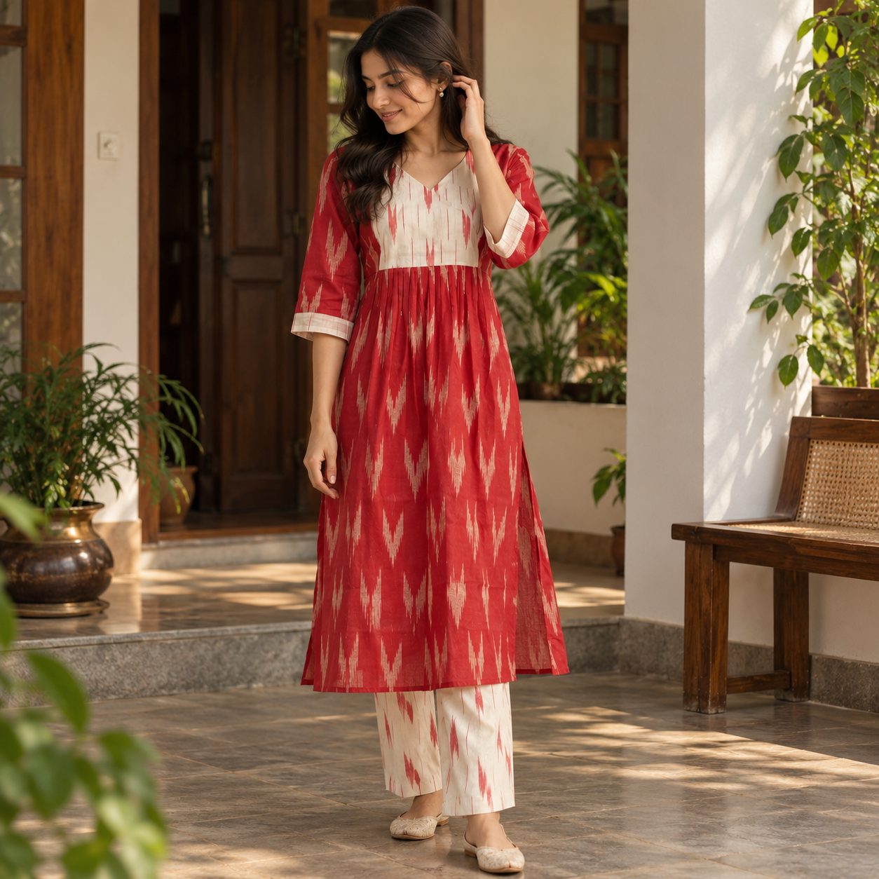 Red and White Pure Cotton Ikat-Print Co-Ord Set